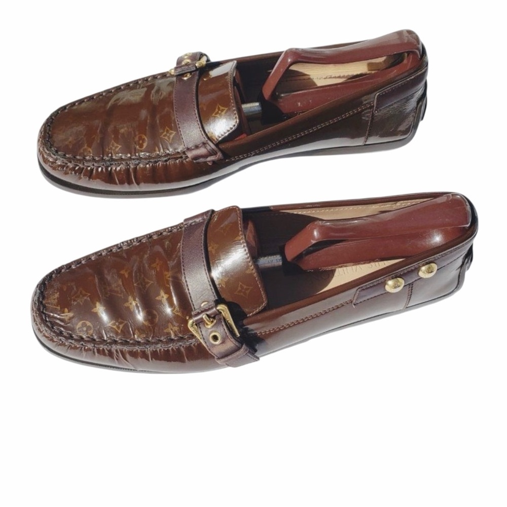 Louis Vuitton Mini Lin Monogram Patent Loafers Brown EU 41 Designer Buckle Shoes - Picture 1 of 16